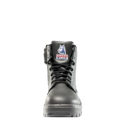Black safety boot with a brand logo on a white background