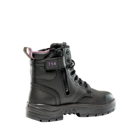 Black boot with a visible brand tag on a white background