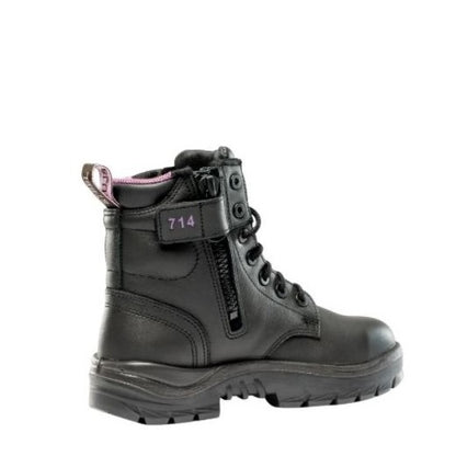 Black boot with a visible brand tag on a white background