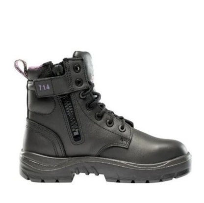 Black boot with a visible brand label on a white background