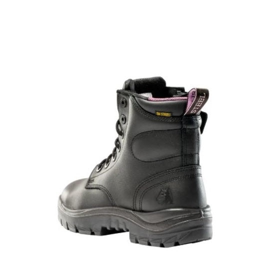 Black work boot on a white background