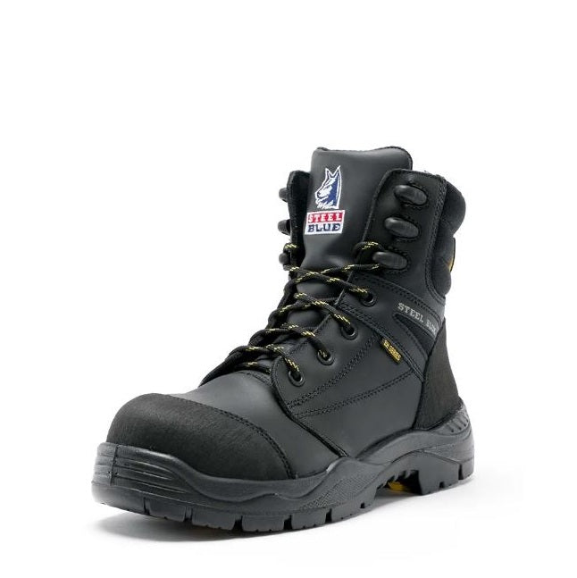 Black safety boot with visible branding on a white background