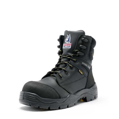 Black safety boot with visible branding on a white background