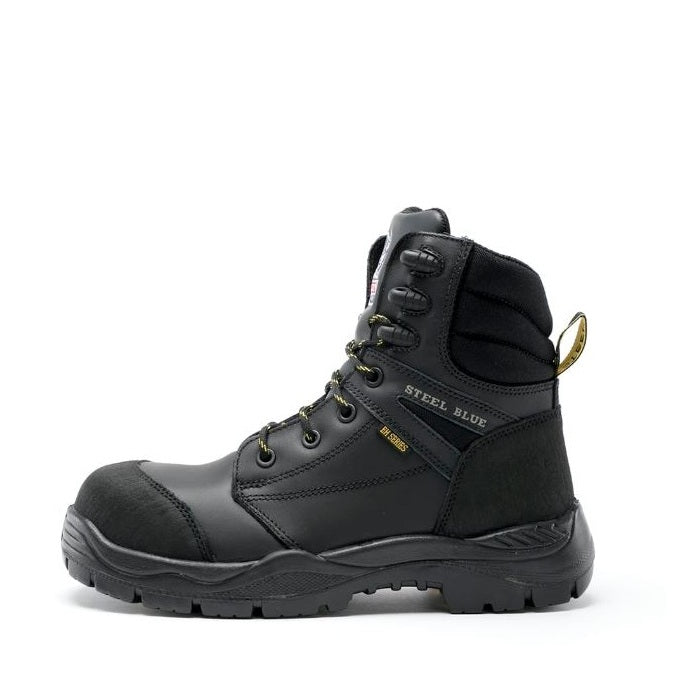 Black safety boot with 'Steel Blue' branding on a white background