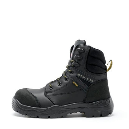 Black safety boot with 'Steel Blue' branding on a white background