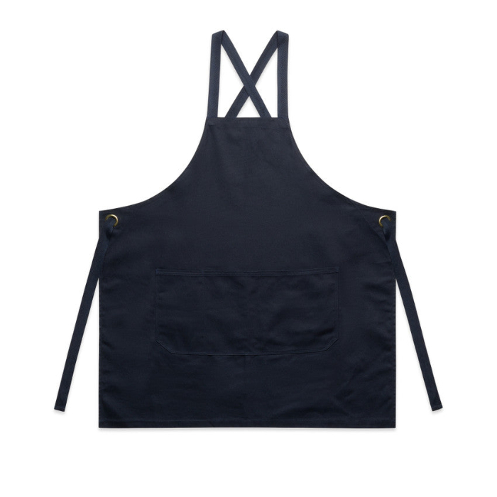 Navy blue bib apron with adjustable neck straps in an X-shape, a large front pocket, and side ties, AS Colour 1082 Carrie Apron front view
