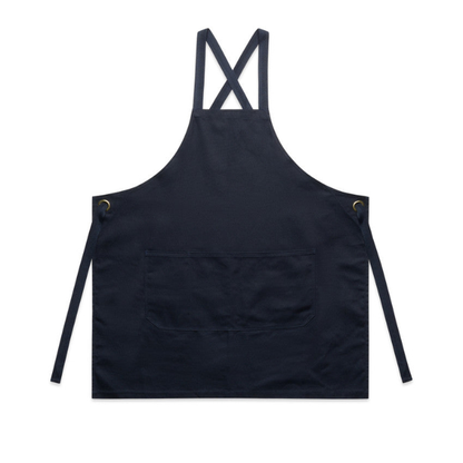 Navy blue bib apron with adjustable neck straps in an X-shape, a large front pocket, and side ties, AS Colour 1082 Carrie Apron front view