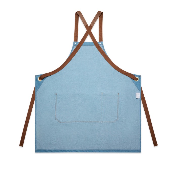 Denim light blue apron with brown leather straps and a front pocket, AS Colour 1084 Denim Apron back view
