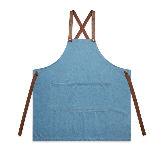 Light blue denim apron with brown cross over detail straps, modern, front view
