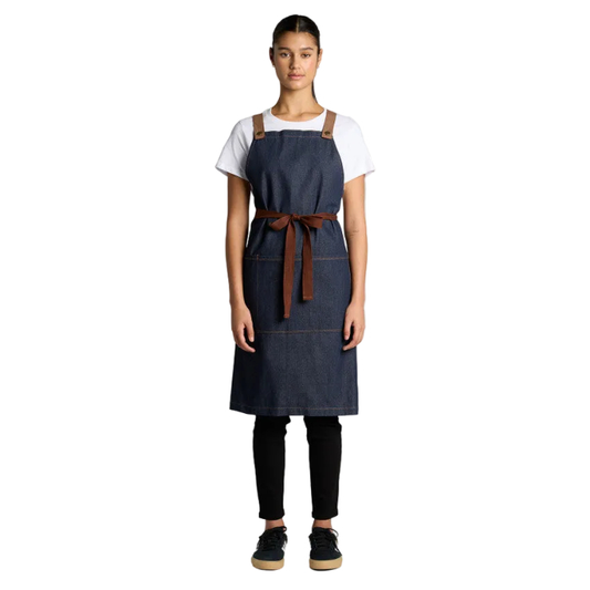 Indigo Denim bib apron with brown leather straps and waist tie, AS Colour 1084 Apron, model front view