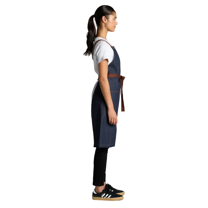 Side view, Indigo denim coloured with brown straps, AS Colour 1084 Denim Apron, side view