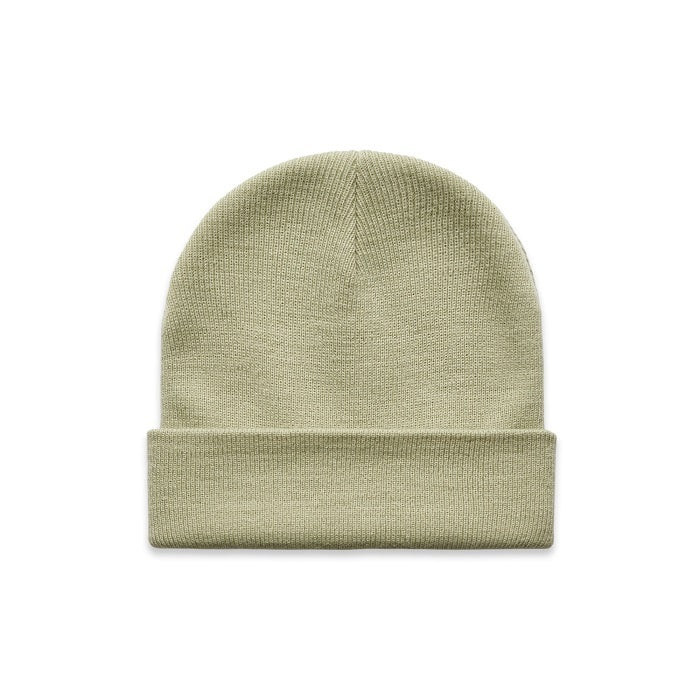Pistachio coloured mens,  ribbed knit beanie hat, modern fit, AS Colour 1107 Cuff Beanie front view