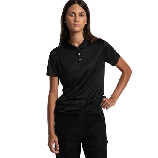 Ladies black short-sleeve polo shirt with a three-button placket, AS Colour 4425 Womens Active Work polo front model view
