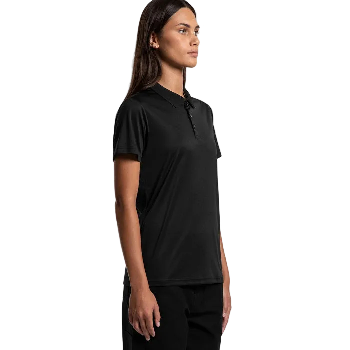 Classic black slim fit, AS Colour 4425 Womens Active Work polo, model side profile