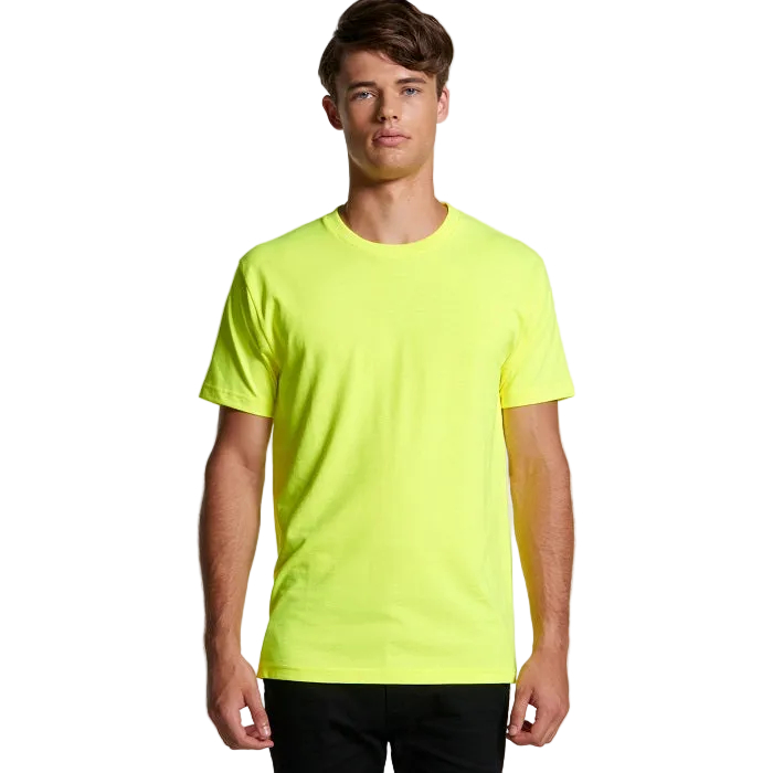 Mens bright neon yellow crewneck t-shirt AS Colour 5050F Mens Block Safety Short Sleeve Tee model front view