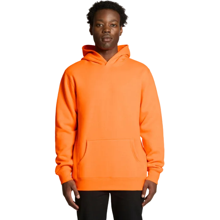Safety orange pullover hoodie with a front kangaroo pocket, AS Colour 5102F Stencil Safety Hood, front model view