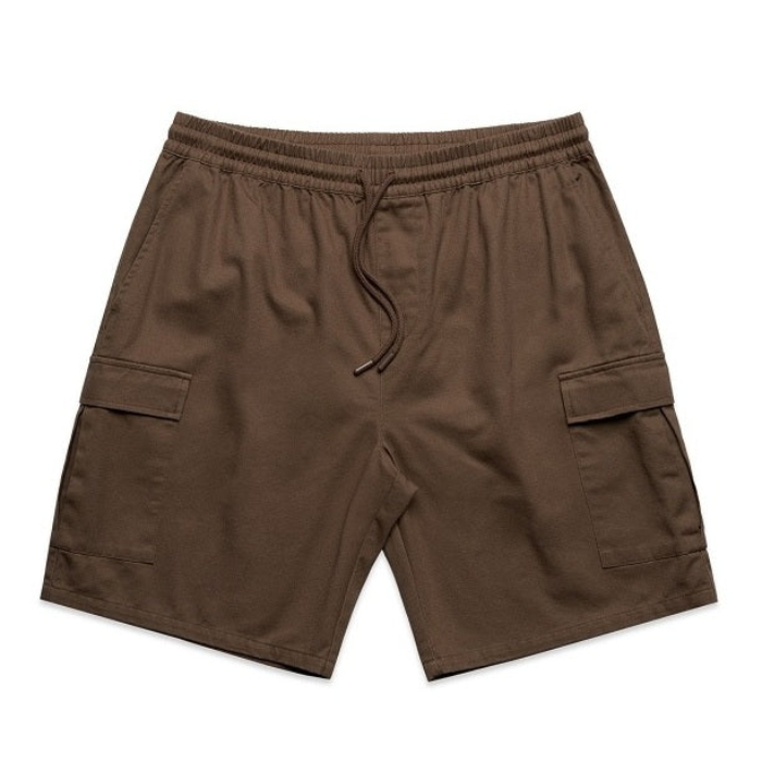 Walnut brown cargo shorts with an elastic drawstring waist, AS Colour 5925 Mens Cargo Walk Shorts 19 Inc, front view