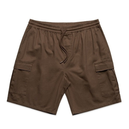 Walnut brown cargo shorts with an elastic drawstring waist, AS Colour 5925 Mens Cargo Walk Shorts 19 Inc, front view
