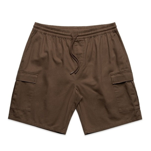 Walnut brown cargo shorts with an elastic drawstring waist, AS Colour 5925 Mens Cargo Walk Shorts 19 Inc, front view
