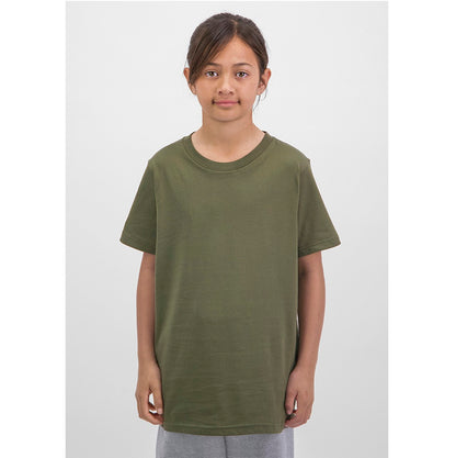 Person wearing an olive green t-shirt on a white background