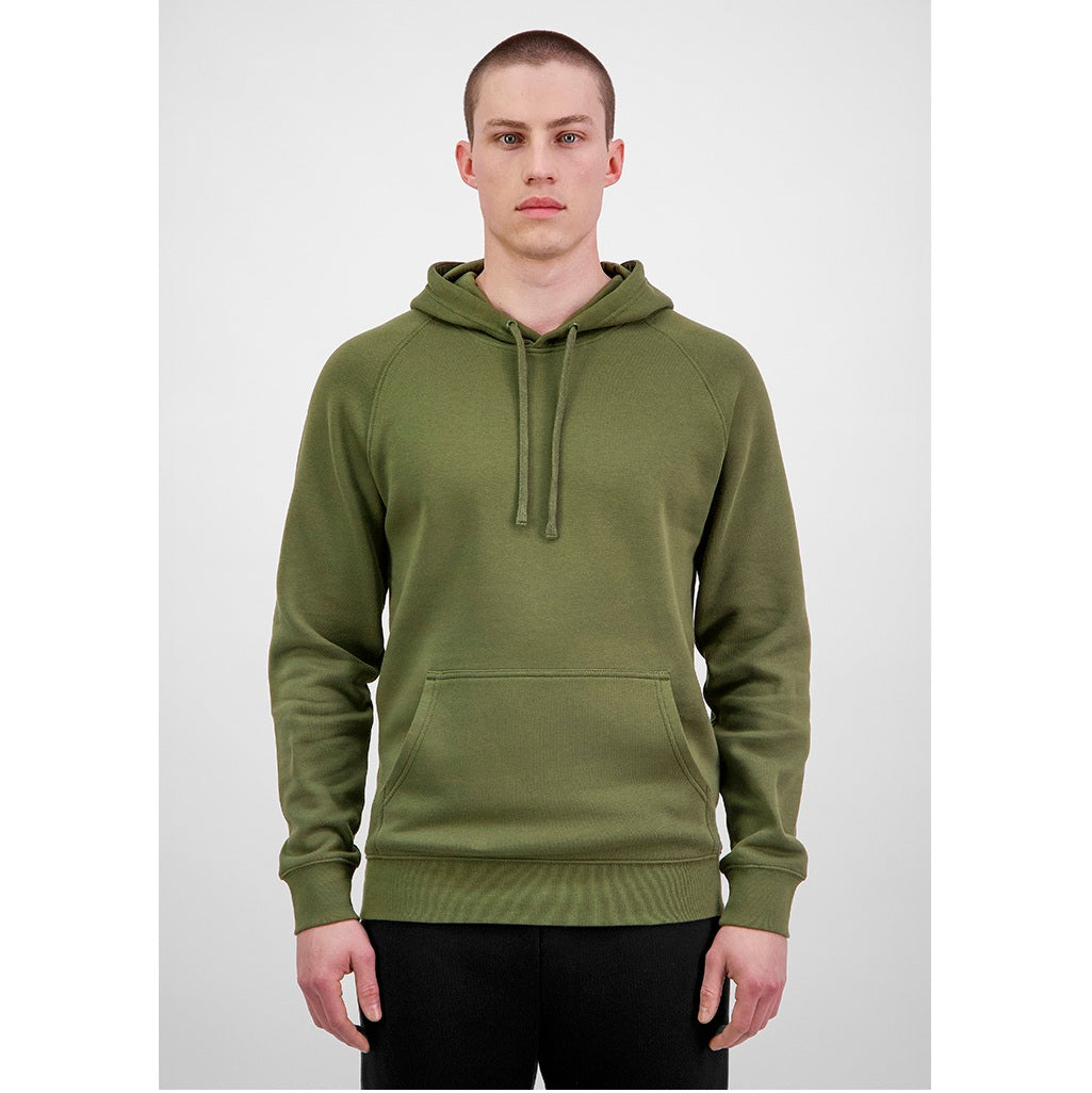 Person wearing a green hoodie on a white background