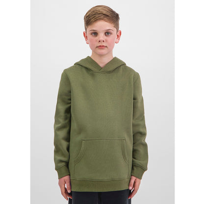 Child wearing a green hoodie on a white background