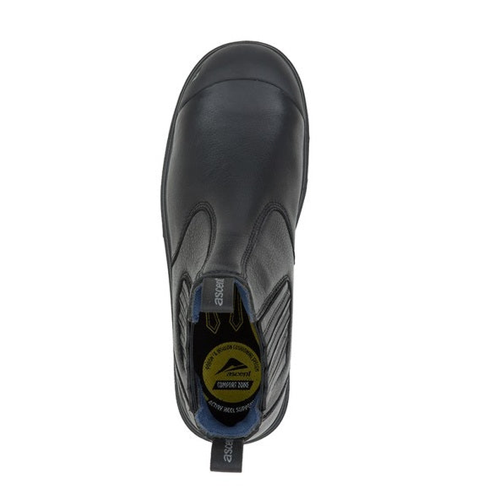 Black premium leather, slip resistant, Ascent 129473 Sigma 2 4E Composite Slip On Safety Boots, top view