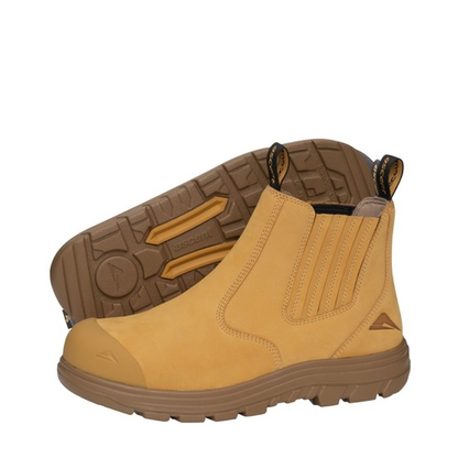 Pair of tan suede Chelsea-style work boots with brown rubber soles, Ascent 129704 Sigma 2 4E Composite Slip On Safety Boots
