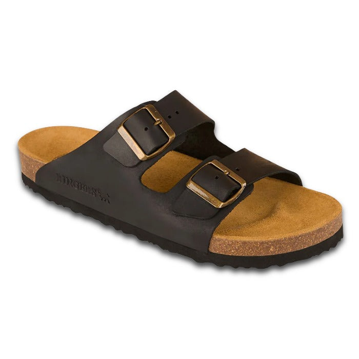 Ringers Western black double-strap slide sandal with gold-tone buckles, a cork-textured footbed, and a black outsole, shown on a plain white background.