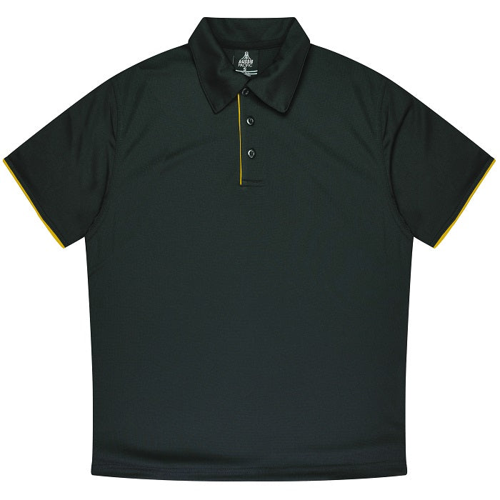 Black with gold short-sleeve polo shirt Aussie Pacific N1302 Mens Yarra Polo, front view, smart athletic