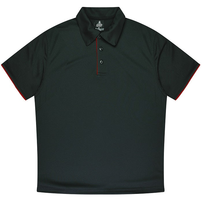 Black with red, Aussie Pacific N1302 Mens Yarra Polo, front view, classic work wear polo shirt