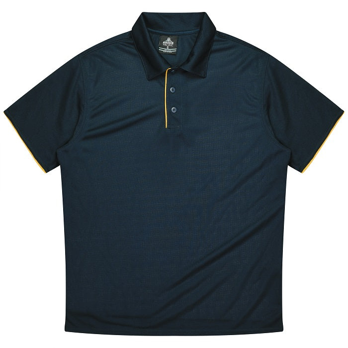 Aussie Pacific N1302 Mens Yarra Polo, navy with gold accent on button plackard, front view