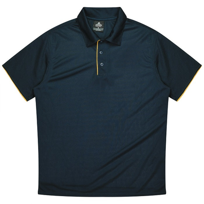 Aussie Pacific N1302 Mens Yarra Polo, navy with gold accent on button plackard, front view