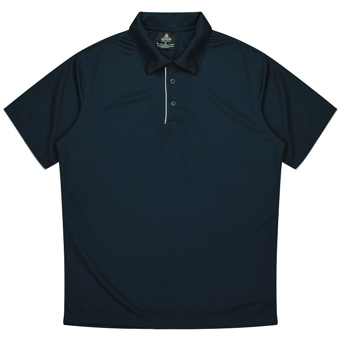 Moisture wicking fabric, Navy with white, Aussie Pacific N1302 Mens Yarra Polo, front view