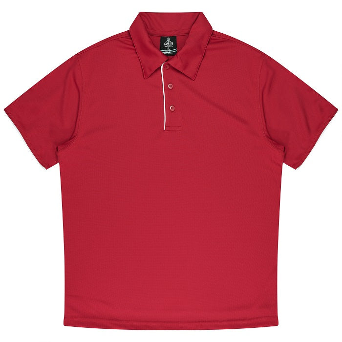 Red with white, short sleeve button down classic polo collar, Aussie Pacific N1302 Mens Yarra Polo, front view
