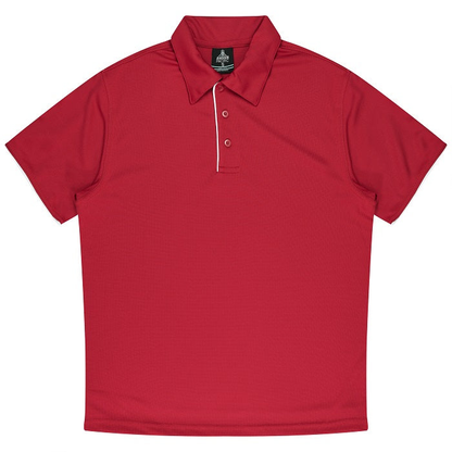 Red with white, short sleeve button down classic polo collar, Aussie Pacific N1302 Mens Yarra Polo, front view
