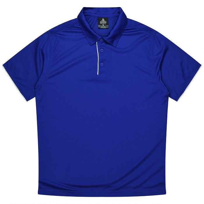 Royal blue with white, easy care fabric, sports, Aussie Pacific N1302 Mens Yarra Polo, front view
