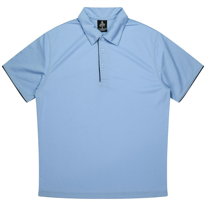 Sky light blue with navy accents, corporate, Aussie Pacific N1302 Mens Yarra Polo, front view