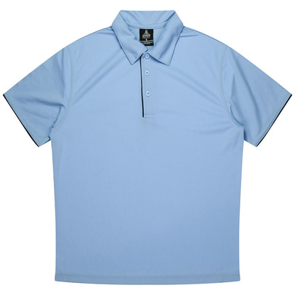 Sky light blue with navy accents, corporate, Aussie Pacific N1302 Mens Yarra Polo, front view