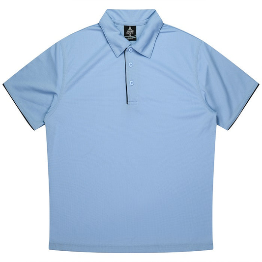 Sky light blue with navy accents, corporate, Aussie Pacific N1302 Mens Yarra Polo, front view