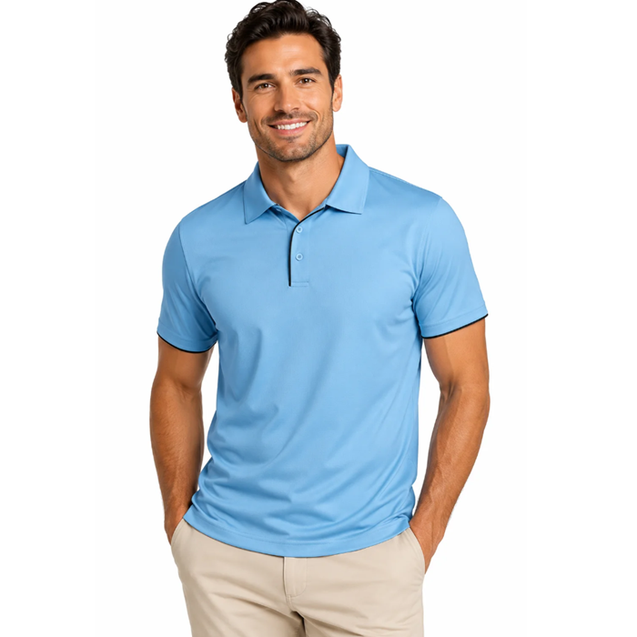 Model view, sky/navy, professional, Aussie Pacific N1302 Mens Yarra Polo