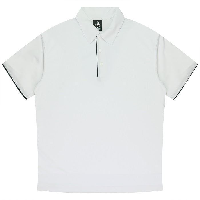 Modern fit, white with navy accents, Aussie Pacific N1302 Mens Yarra Polo, front view