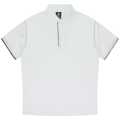 Modern fit, white with navy accents, Aussie Pacific N1302 Mens Yarra Polo, front view