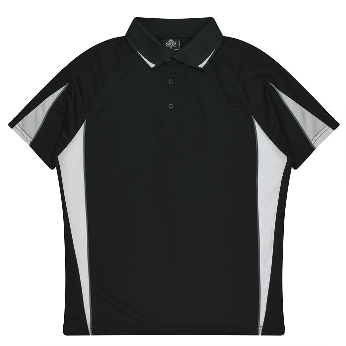 Black with white, professional, Aussie Pacific N1304 Mens Eureka Polo, front view