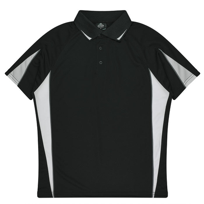 Black with white, professional, Aussie Pacific N1304 Mens Eureka Polo, front view