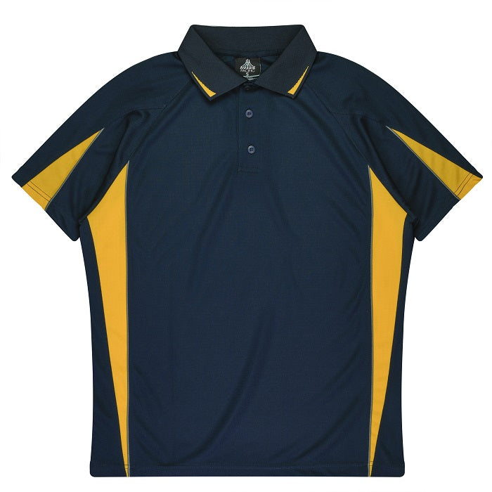 Aussie Pacific N1304 Mens Eureka Polo, navy/gold, front view, moisture wicking performance fabric