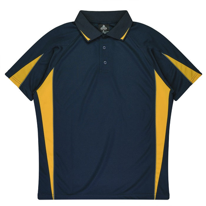 Aussie Pacific N1304 Mens Eureka Polo, navy/gold, front view, moisture wicking performance fabric