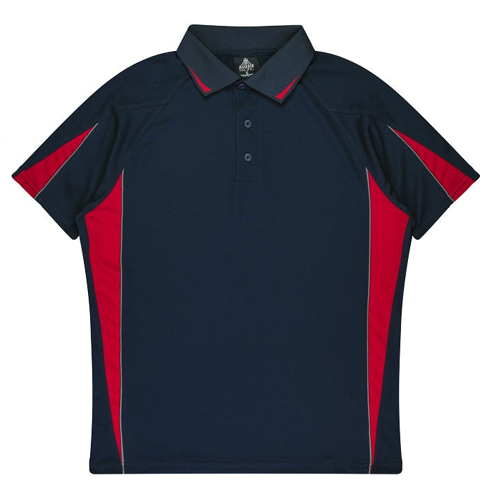 Short-sleeve polo shirt in navy blue with red side panels, Aussie Pacific N1304 Mens Eureka Polo, front view