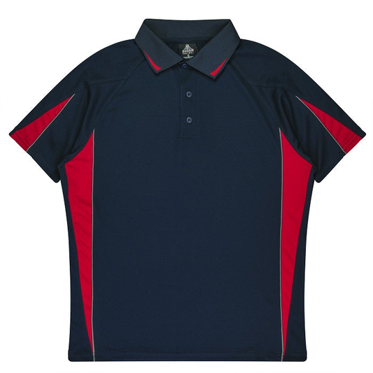 Short-sleeve polo shirt in navy blue with red side panels, Aussie Pacific N1304 Mens Eureka Polo, front view