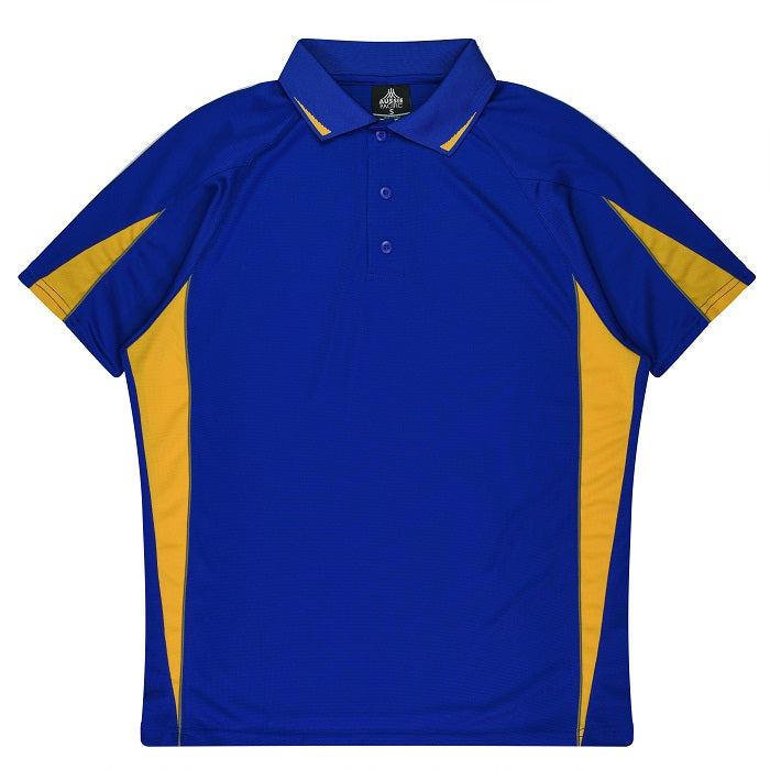 Royal blue with gold, performance fabric, Aussie Pacific N1304 Mens Eureka Polo, front view